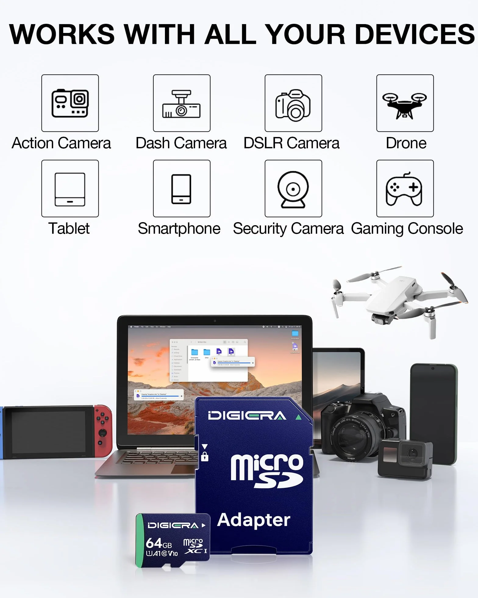 Carte mémoire microSDXC UHS-I CT100 64 Go Adaptateur 100 Mo/s C10 U1 V10 A1