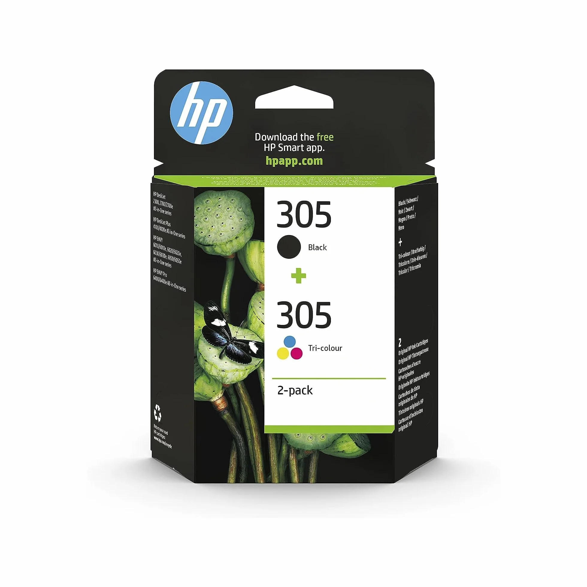 HP 305 Cartouches d’Encre Originales Pack de 2 Noir Cyan Jaune Magenta Compatible avec HP DeskJet 2700/4100 Envy 6000/6400