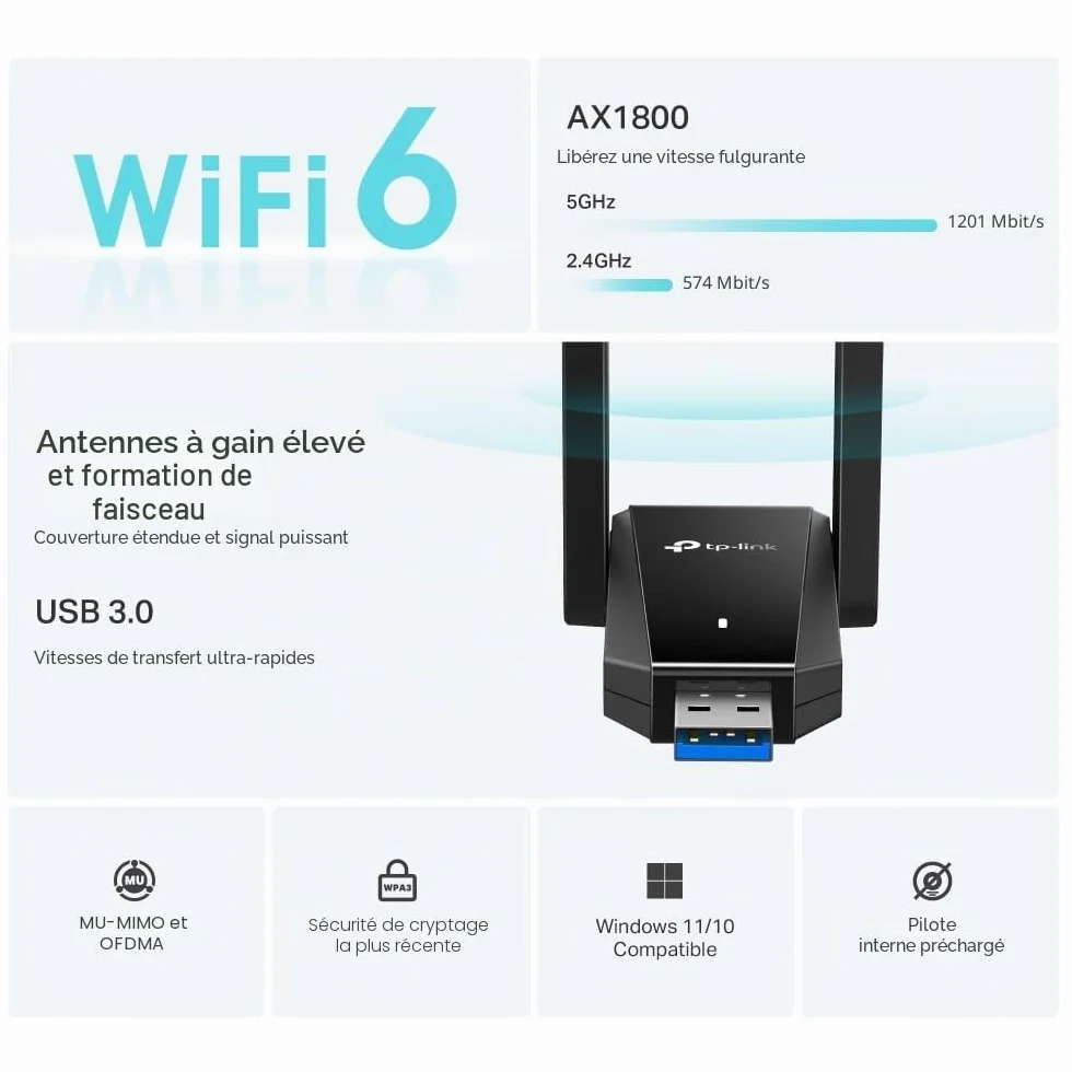 TP-Link Archer TX30U Plus WiFi 6 Adaptateur AX1800 Mbps Double Bande USB 3.0 MU-MIMO