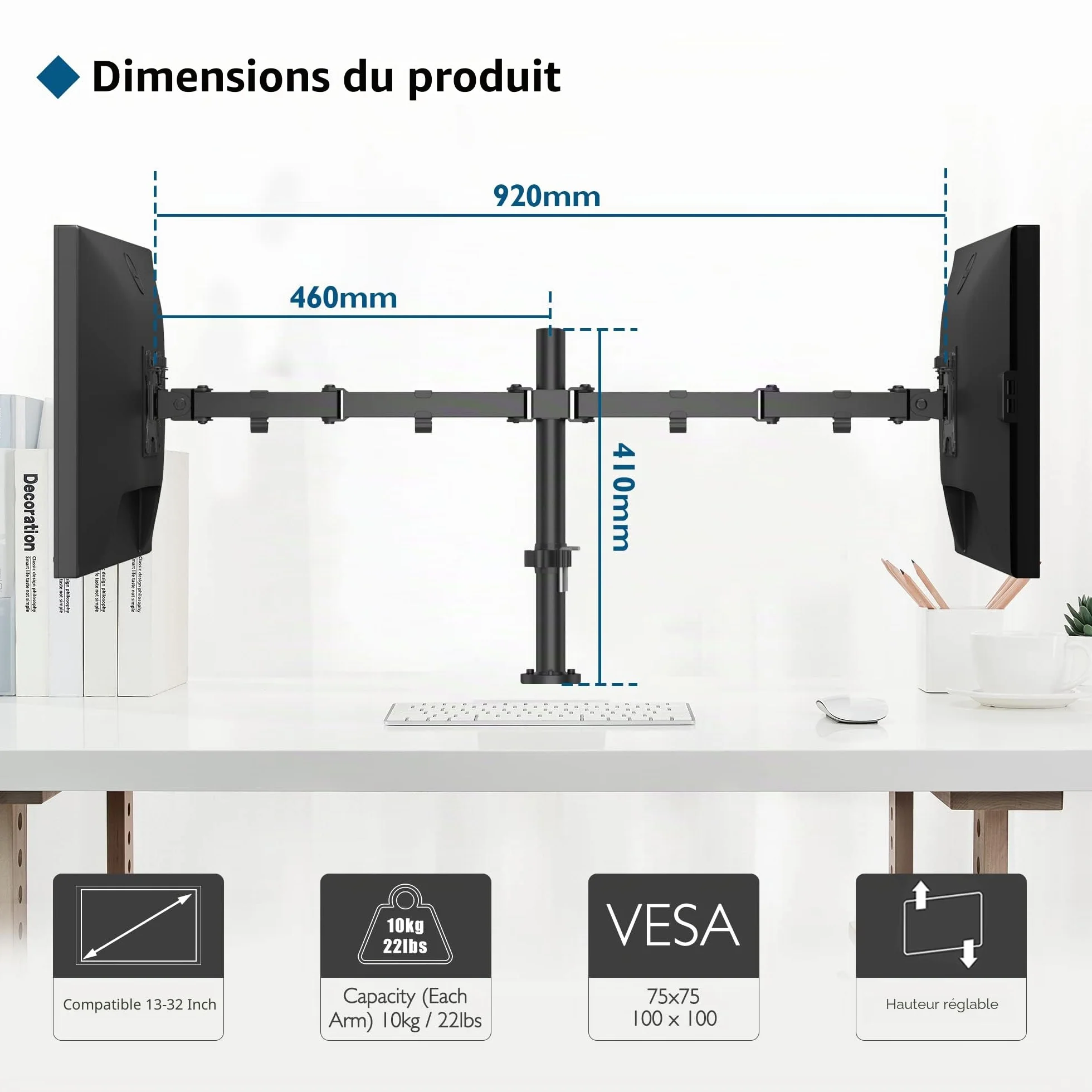 BONTEC Support Ecran PC 2 Ecran pour Moniteurs 13-32 Pouces, Bras Réglable en Hauteur, Rotatif, Pivotant, Inclinable, Charge 10kg par Bras, VESA 75/100